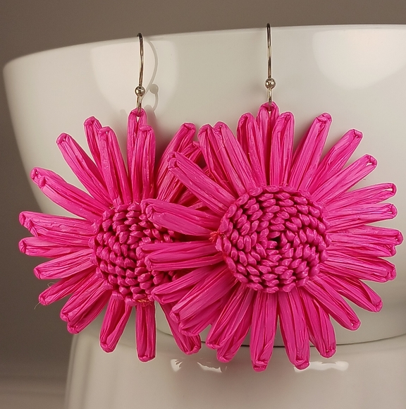 Hand Crafted Jewelry - HAND CRAFTED EARRINGS Bright Pink Fuschia Raffia Boho Flower Statement Dangle